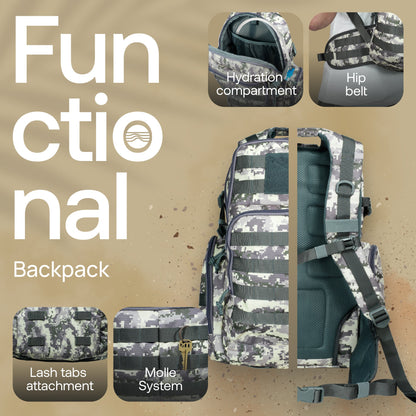 Huntex 40L Tactical Backpack in White Gray Camo